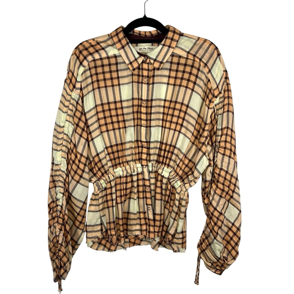 Free People Peach‎ Pacific Dawn Plaid Pull String Sleeve Snap Button Shirt M
